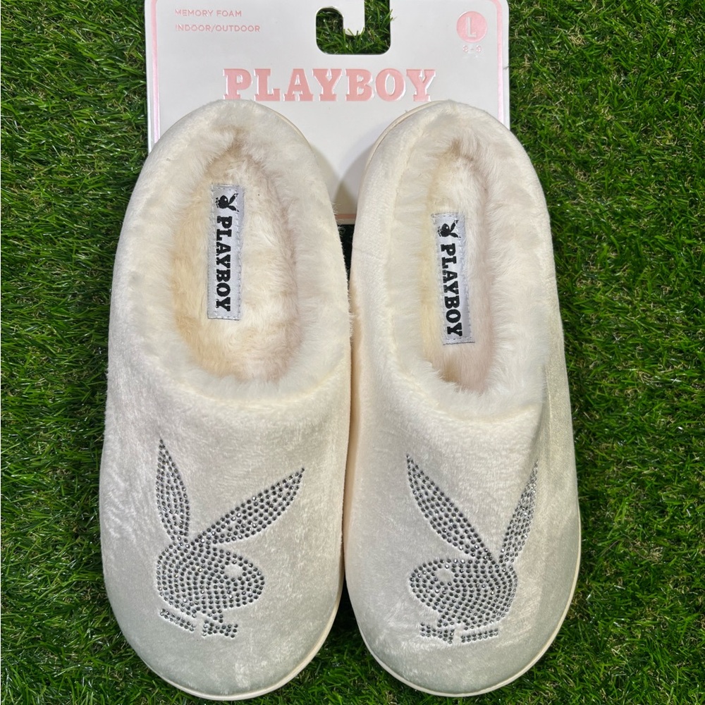 PLAYBOY Plush white Slippers with silver rhinestones